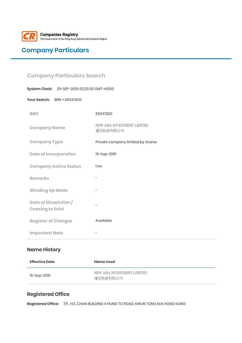 Prima pagina del campione pubblicato, con BRN, denominazione, stato, data di costituzione e sede legale.