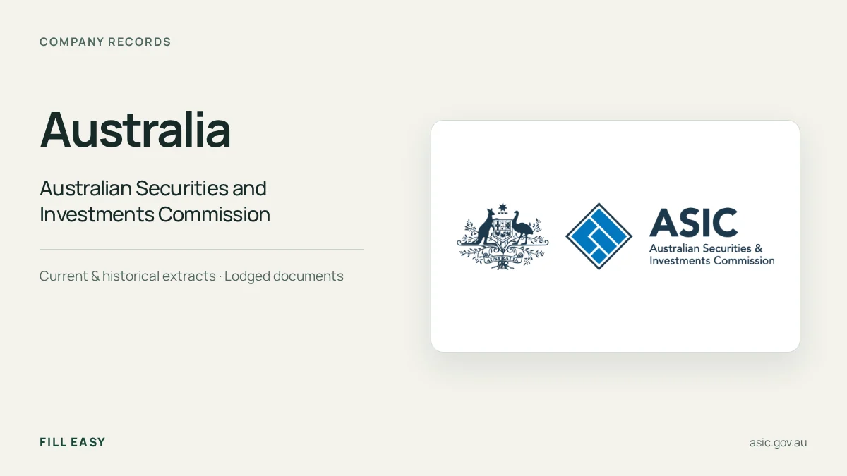 Australia company-records guide with the official Australian Securities and Investments Commission (ASIC) logo and record names.
