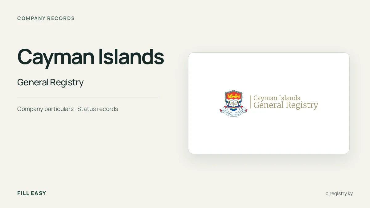 Cayman Islands company-records guide with the official General Registry, Registrar of Companies logo and record names.