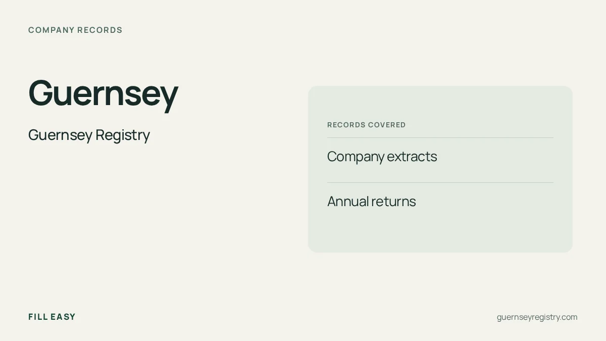 Guernsey registry guide listing Company extracts, Annual returns and the registry's official website.