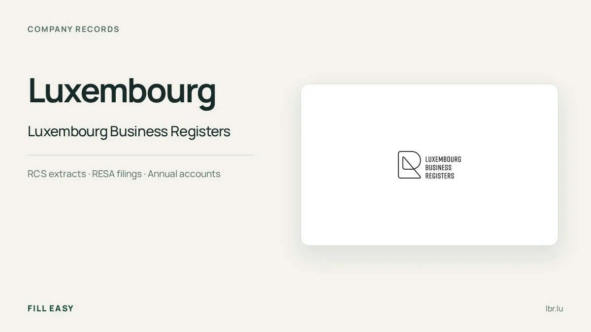 Luxembourg company-records guide with the official Luxembourg Business Registers (LBR), Trade and Companies Register (RCS) logo and record names.