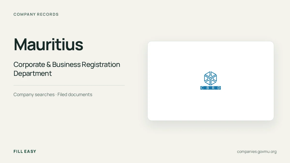 Mauritius company-records guide with the official Corporate and Business Registration Department (CBRD), Office of the Registrar of Companies logo and record names.