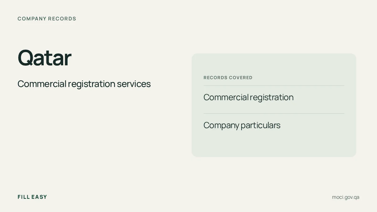 Qatar registry guide listing Commercial registration, Company particulars and the registry's official website.