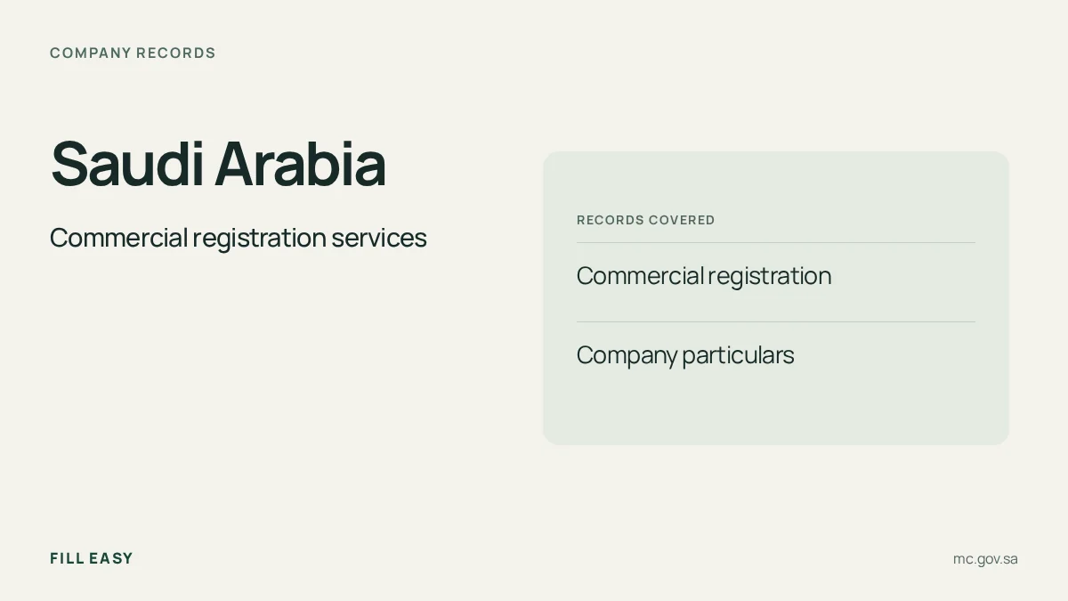Saudi Arabia registry guide listing Commercial registration, Company particulars and the registry's official website.