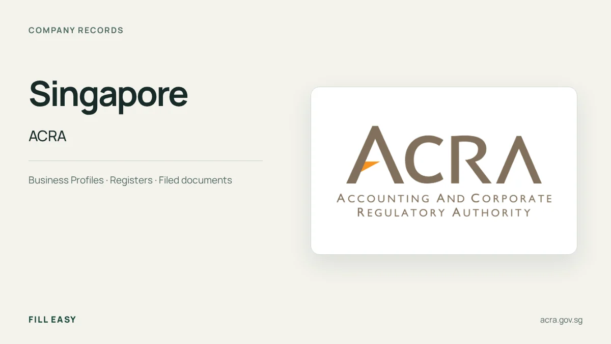 Singapore company-records guide with the official Accounting and Corporate Regulatory Authority (ACRA) logo and record names.