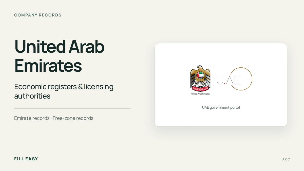United Arab Emirates company-records guide with the official UAE government portal logo and record names.